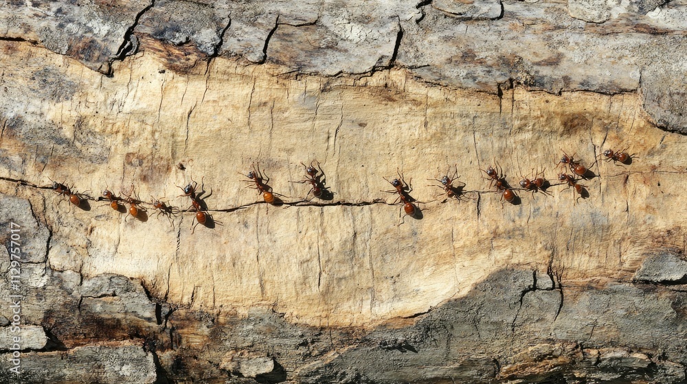 Ants Marching Along a Wooden Log Surface in Natural Habitat Ants Marching Along a Wooden Log Surface in Natural Habitat