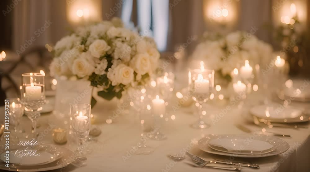 Close up of wedding reception table setting with flower arrangements, soft candlelight casting a warm glow Close up of wedding reception table setting with flower arrangements, soft candlelight casting a warm glow