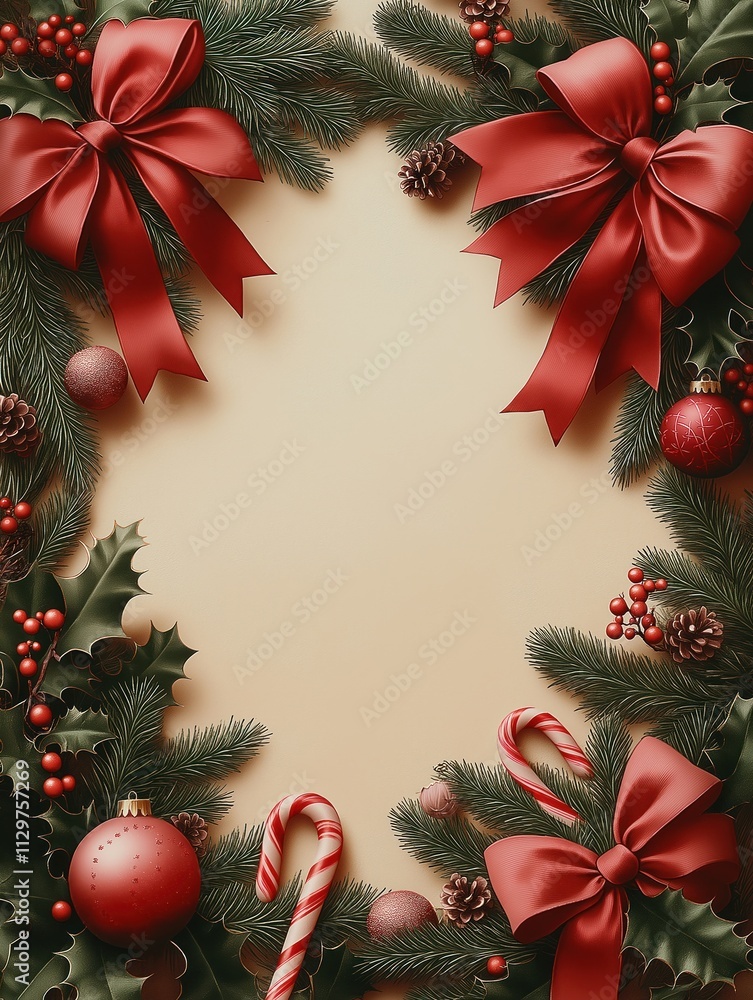 Christmas border design with rich evergreen branches red bows ornaments and candy canes. Festive decoration on beige background. Winter holiday theme. Christmas border design with rich evergreen branches red bows ornaments and candy canes. Festive decoration on beige background. Winter holiday theme.