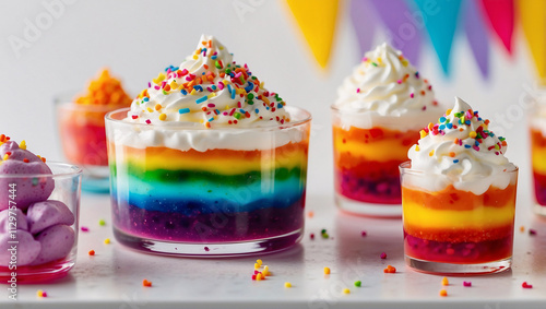 Rainbow Jelly Cups with Whipped Cream and Sprinkles photo