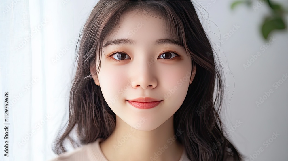 Young Woman with Natural Makeup and Soft Expression in Bright Setting Young Woman with Natural Makeup and Soft Expression in Bright Setting