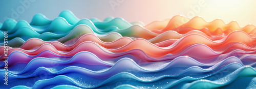 A vibrant abstract landscape with undulating waves in various colors