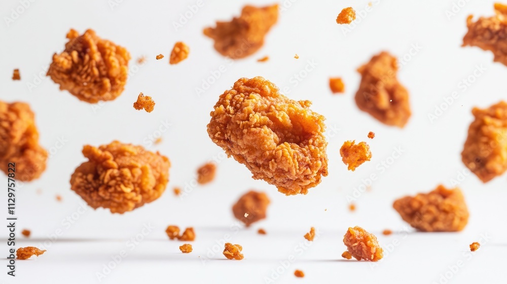 Crispy Fried Chicken Pieces Falling Against a White Background Crispy Fried Chicken Pieces Falling Against a White Background