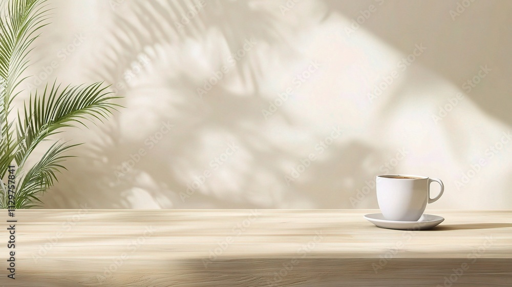 Obraz premium Minimalistic Home Office with Plants and Coffee on Wooden Table