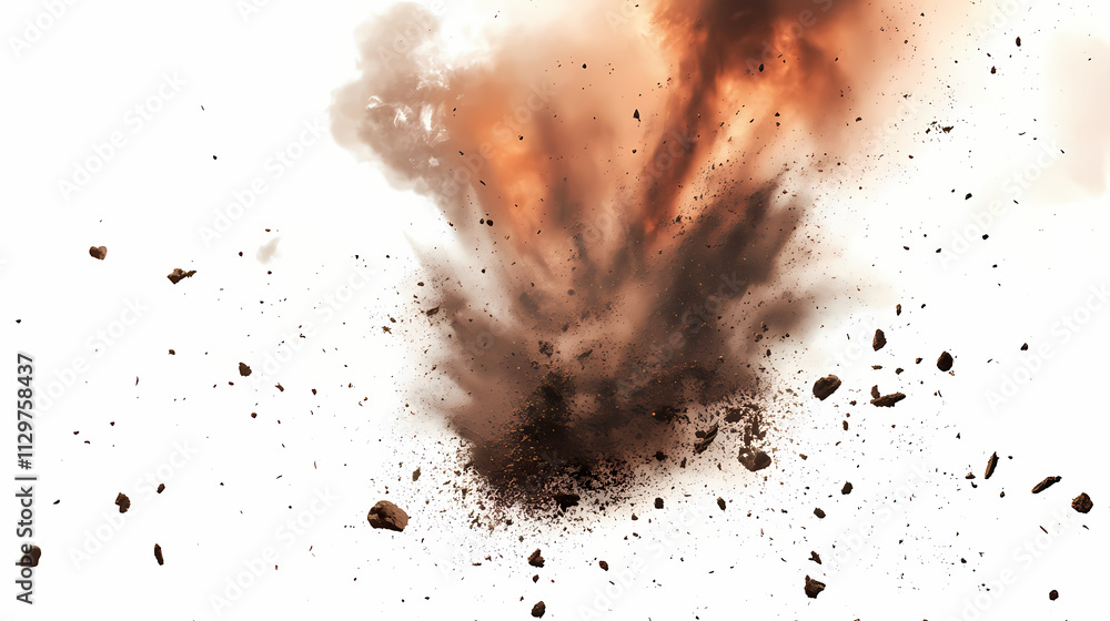 Dramatic eruption of dry soil with flying dirt particles and billowing cloud of smoke against a pristine white background. Eruption. Illustration Dramatic eruption of dry soil with flying dirt particles and billowing cloud of smoke against a pristine white background. Eruption. Illustration