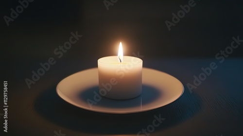 A single, lit white candle on a small plate in the dark.