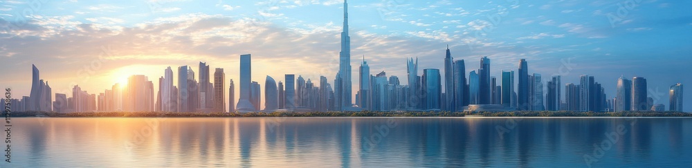 Sunrise Panoramic View of Modern City Skyline with Futuristic Skyscrapers and Tranquil Waterfront Sunrise Panoramic View of Modern City Skyline with Futuristic Skyscrapers and Tranquil Waterfront