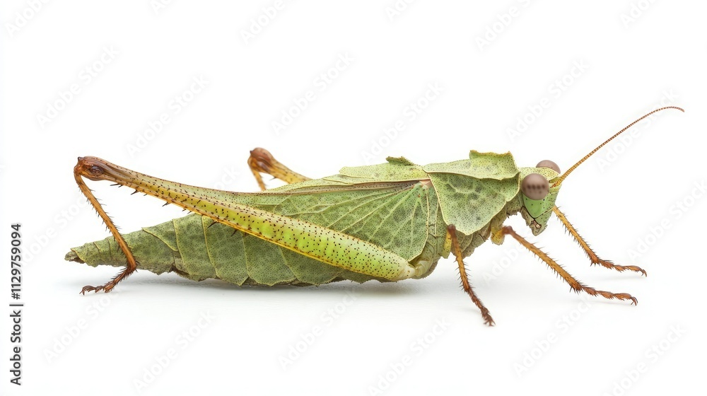 Leafy Grasshopper on White Background with Natural Camouflage