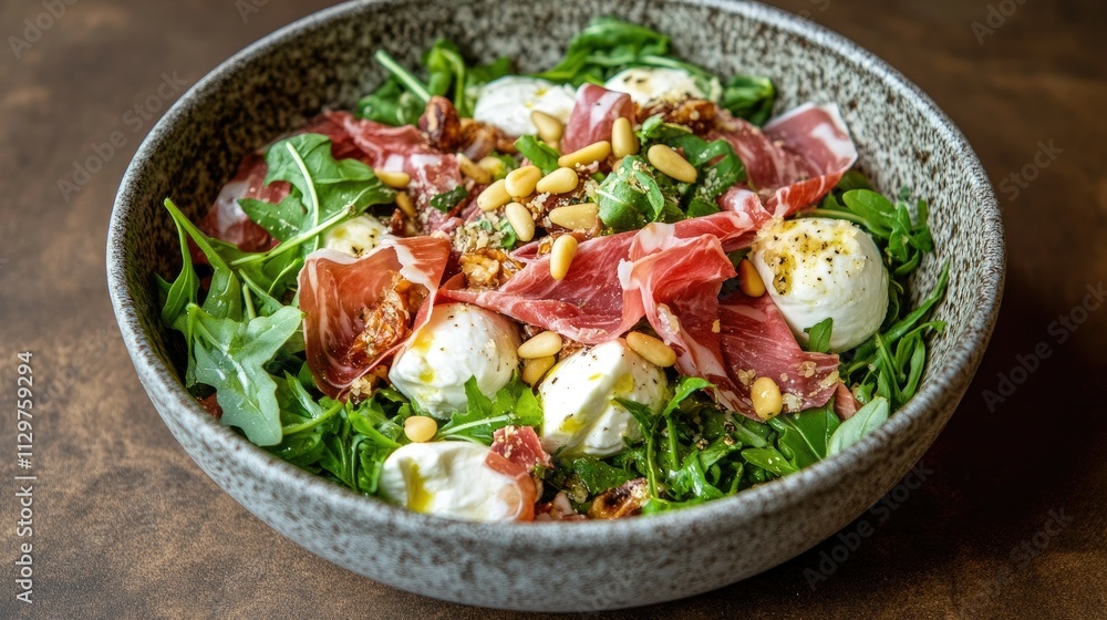 Fresh Salad Bowl with Cheese, Greens, and Nut Toppings Fresh Salad Bowl with Cheese, Greens, and Nut Toppings