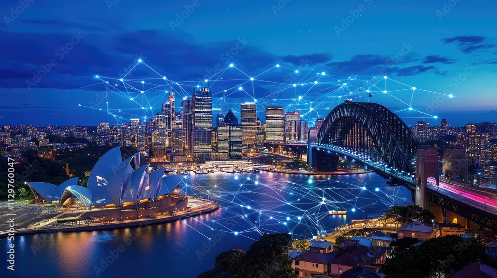 Fototapeta premium Vibrant Night Scene of Sydney with Digital Connectivity Overlay