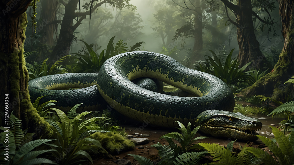 Obraz premium Huge Prehistoric Snake Lurks in Lush Jungle
