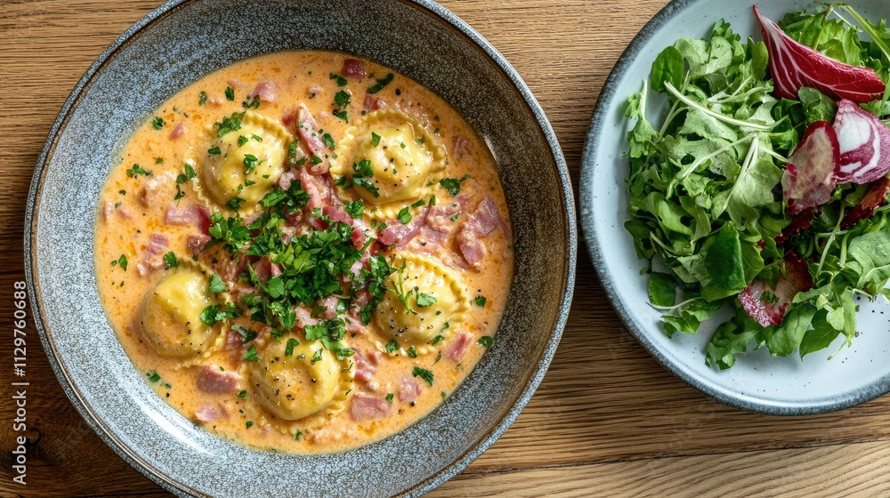 Creamy Ravioli with Bacon and Fresh Salad on Wooden Table Creamy Ravioli with Bacon and Fresh Salad on Wooden Table