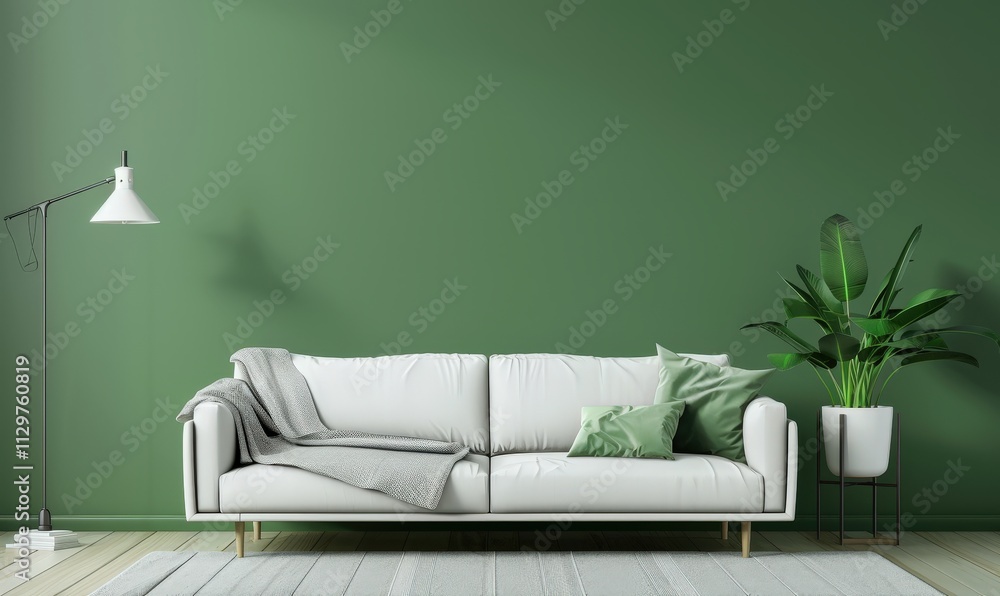 Naklejka premium Minimalist living room with a white sofa. green wall. and a potted plant