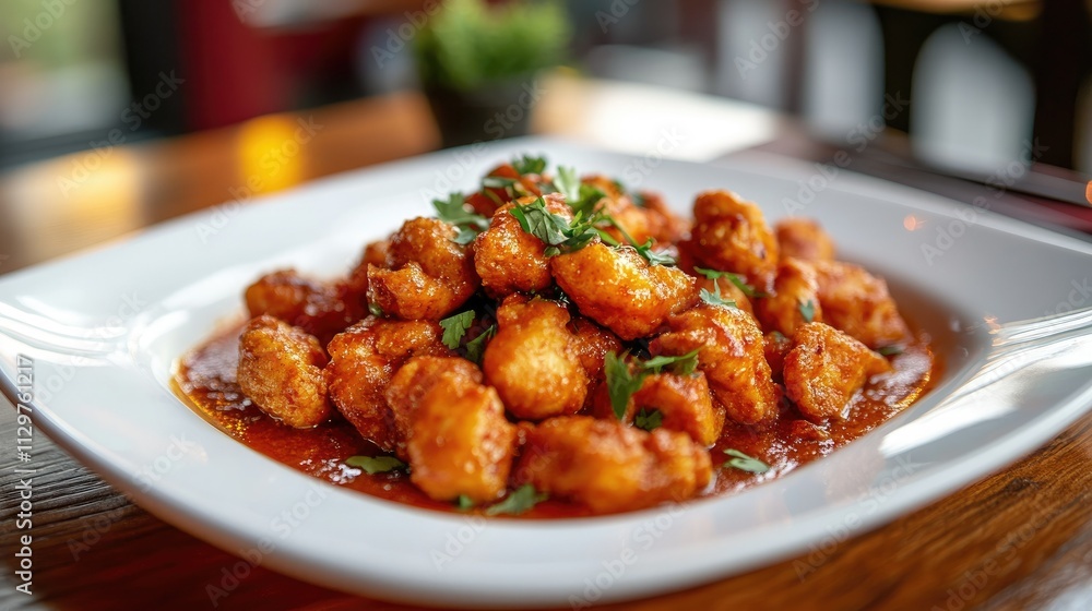 Spicy Fried Cauliflower Bites Served with Red Sauce and Garnish Spicy Fried Cauliflower Bites Served with Red Sauce and Garnish