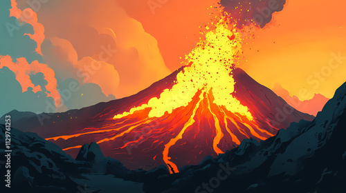 A powerful eruption of a volcano with flowing lava and spewing ash, showcasing the raw force of nature and geological activity. Eruption. Illustration