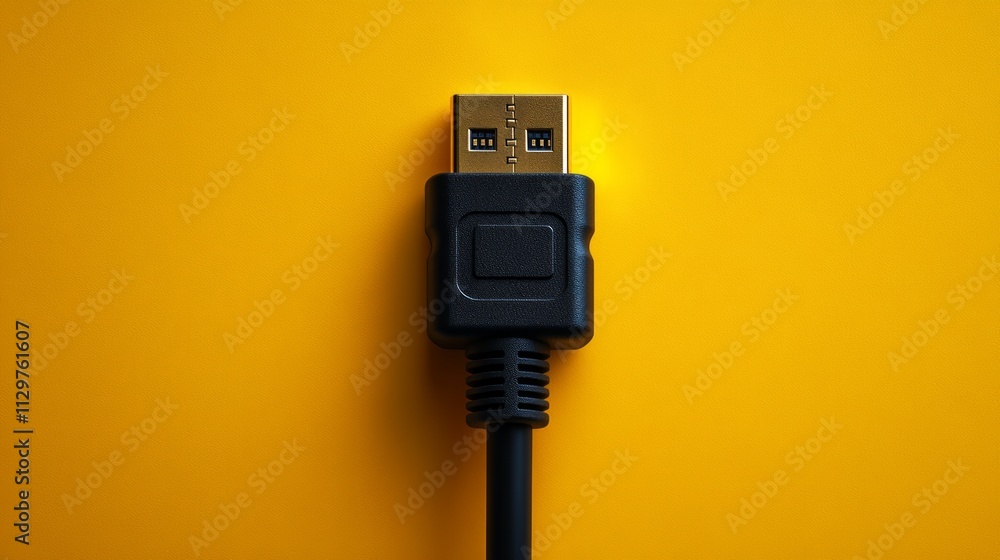 Close-up of a black DisplayPort cable connector against a vibrant yellow background. Close-up of a black DisplayPort cable connector against a vibrant yellow background.