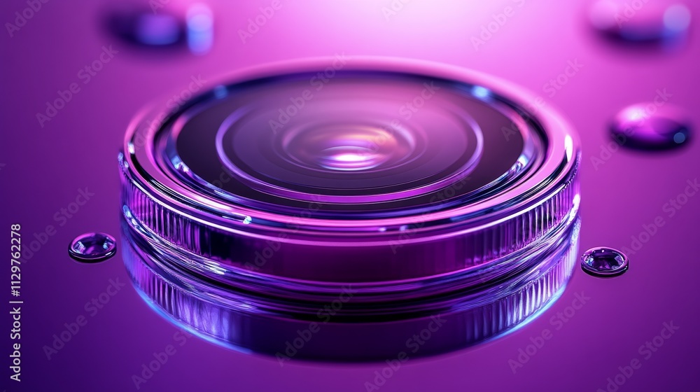 Close-up of a camera lens with purple lighting and water droplets. Close-up of a camera lens with purple lighting and water droplets.