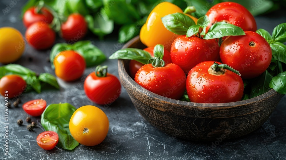 Fresh red and yellow tomatoes and basil in a bowl. Fresh red and yellow tomatoes and basil in a bowl.