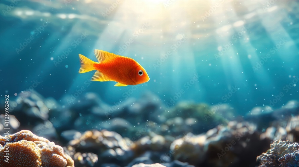Sunlit Orange Fish in Vibrant Coral Reef Underwater Scene Sunlit Orange Fish in Vibrant Coral Reef Underwater Scene