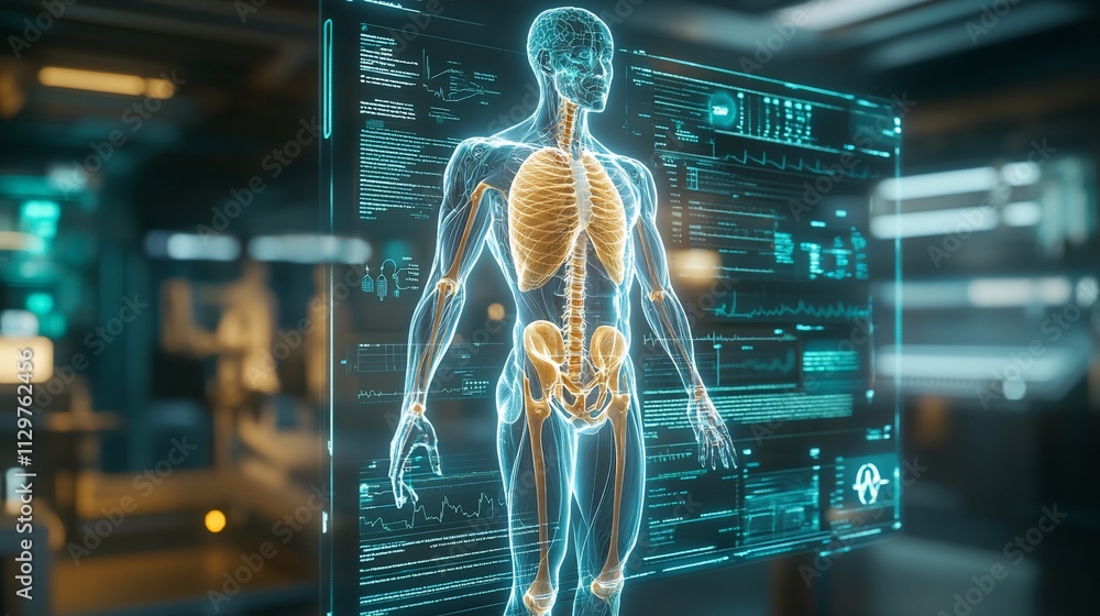 Holographic human anatomy projection displaying internal organs, skeleton, and vital signs on a futuristic medical screen. Holographic human anatomy projection displaying internal organs, skeleton, and vital signs on a futuristic medical screen.