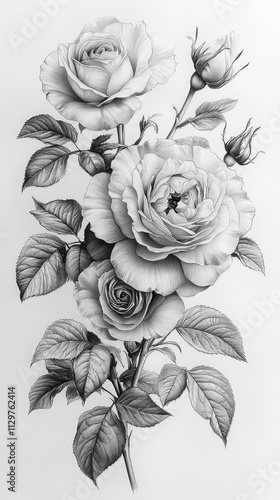 Monochrome pencil drawing of roses and buds.