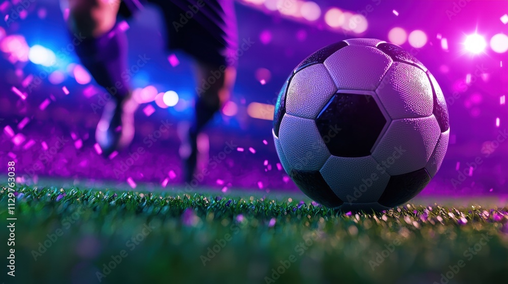 Obraz premium Soccer Ball on Grass Night Game Stadium Lights Sports Action