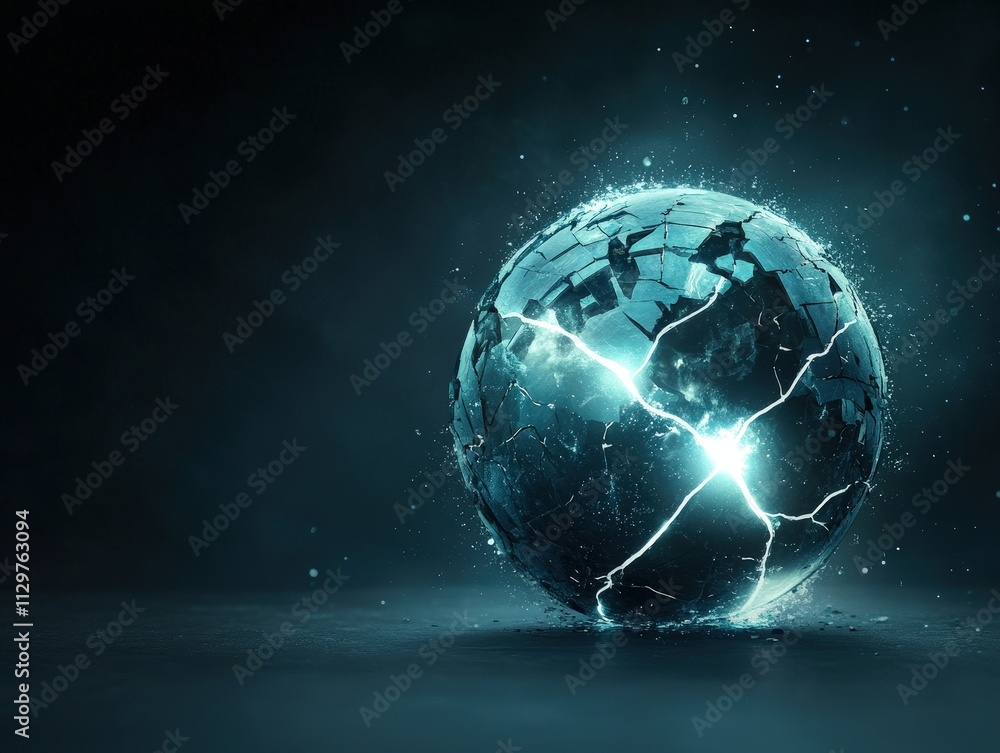 Naklejka premium A glowing, cracked globe emits light against a dark background, symbolizing fragility and interconnectedness in the modern world.