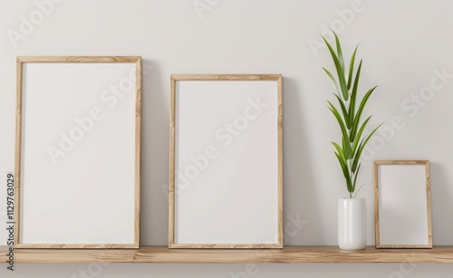 Three wooden picture frames with a potted plant on a shelf against a white wall