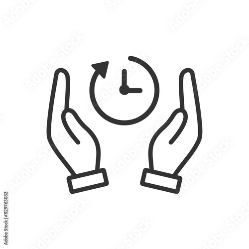 タイパを現す時計と手のひらのベクターアイコン(線画・白黒)