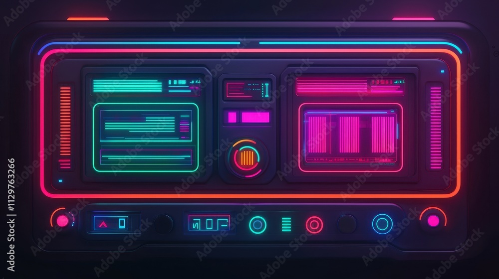 A vibrant, futuristic interface with neon lights and various controls, resembling a high-tech device or dashboard. A vibrant, futuristic interface with neon lights and various controls, resembling a high-tech device or dashboard.