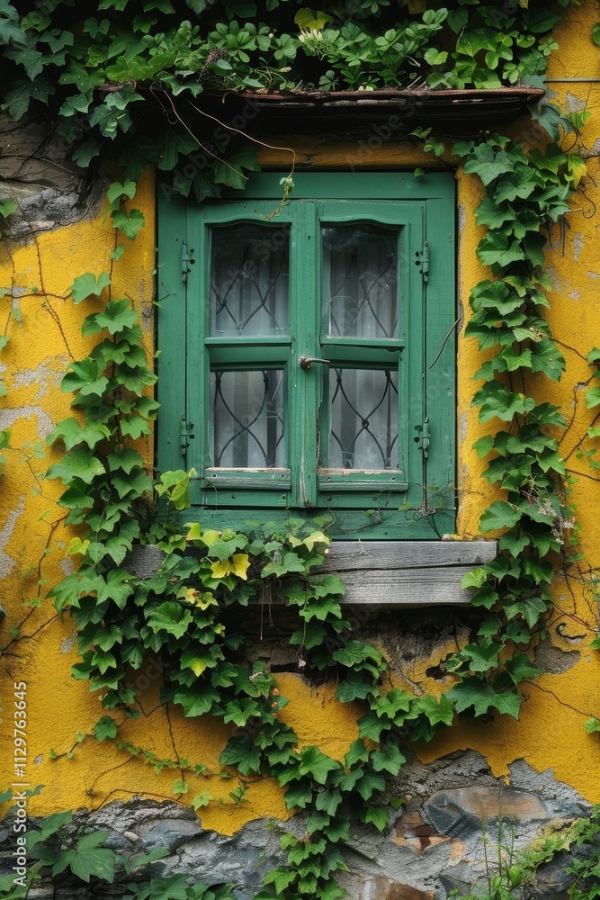 Green Window Framed By Lush Ivy On Yellow Wall Green Window Framed By Lush Ivy On Yellow Wall