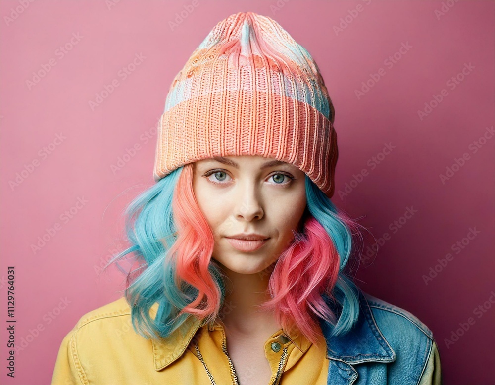 A young woman with colourful hair and clothes wearing a beanie hat. A young woman with colourful hair and clothes wearing a beanie hat.
