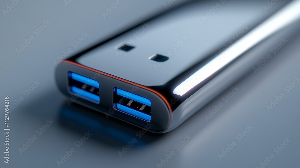Close-up of a modern, chrome-finish USB-C power bank with illuminated ports. Close-up of a modern, chrome-finish USB-C power bank with illuminated ports.