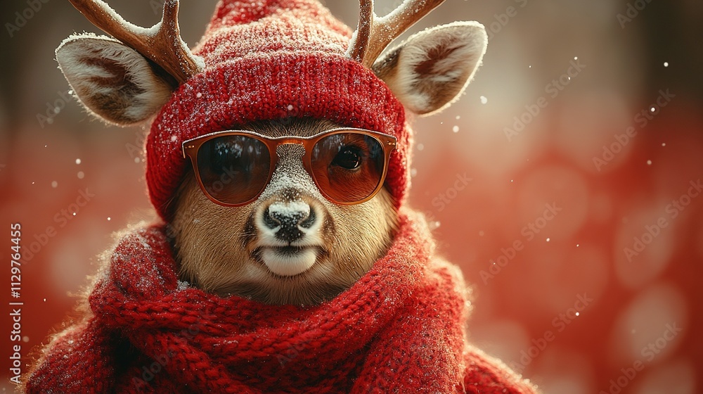 Rentier Rudolf mit Sonnenbrille und Nikolausmütze auf Rot Rentier Rudolf mit Sonnenbrille und Nikolausmütze auf Rot