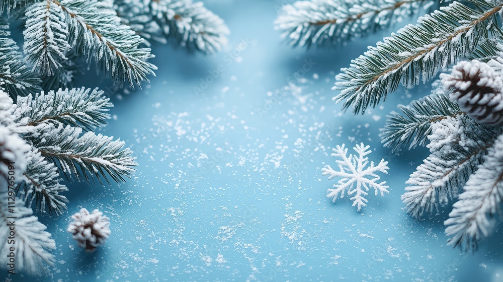 Festive winter scene shows snowflakes, pine branches on light blue background. Snowy branches create elegant winter design. Winter holiday mood. Ideal for holiday cards, seasonal products. Use photo Festive winter scene shows snowflakes, pine branches on light blue background. Snowy branches create elegant winter design. Winter holiday mood. Ideal for holiday cards, seasonal products. Use photo