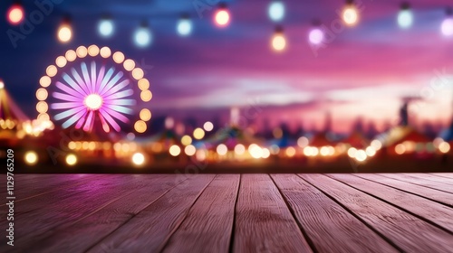 Festive Night Fair Ferris Wheel Wooden Table Blurred Lights