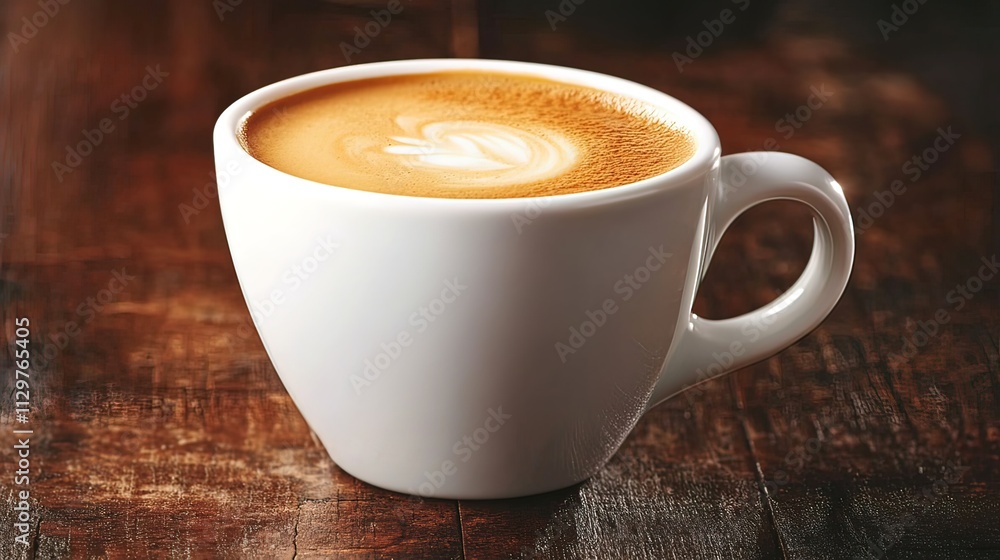 Close-up of a latte art in a white cup on wooden table.