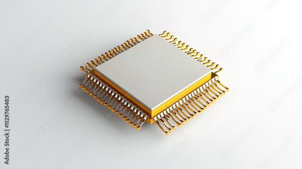 Close-up of a microchip with gold pins on a white background. Close-up of a microchip with gold pins on a white background.