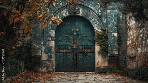Wallpaper Mural Ancient Ornate Green Door Stone Archway Autumn Leaves Torontodigital.ca
