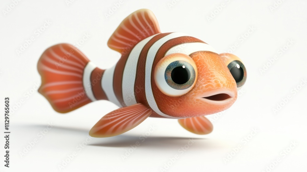 Cartoon-style 3D clownfish with expressive eyes and a striped body, swimming playfully, isolated on white