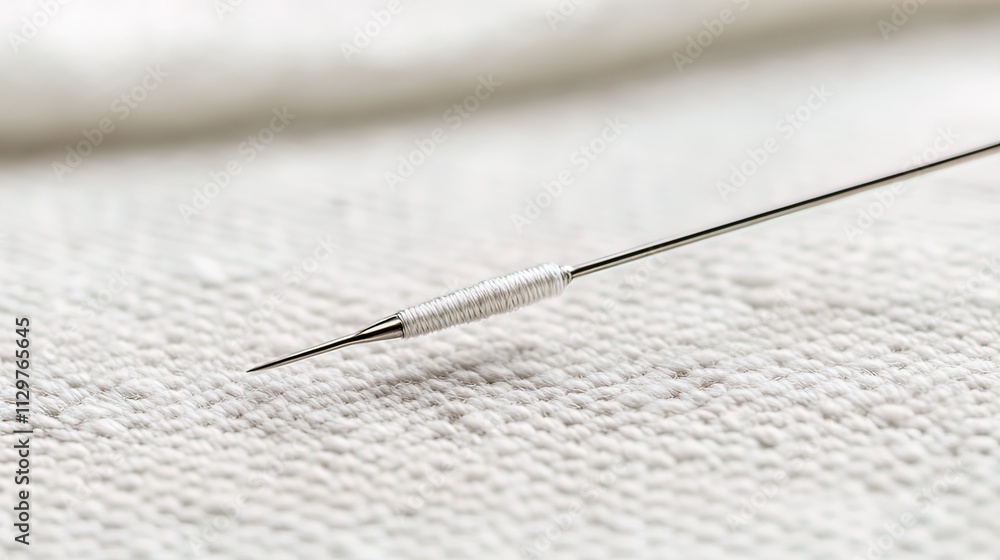 Close-up of a needle with white thread on white fabric. Close-up of a needle with white thread on white fabric.