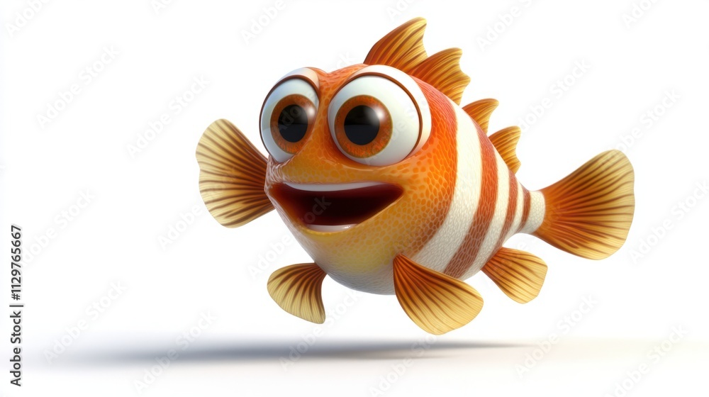Cartoon-style 3D clownfish with expressive eyes and a striped body, swimming playfully, isolated on white