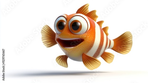 Obraz na płótnie Cartoon-style 3D clownfish with expressive eyes and a striped body, swimming playfully, isolated on white w salonie