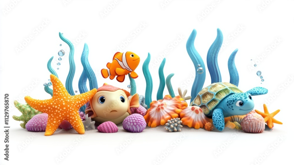 Fototapeta premium Cheerful 3D underwater scene featuring cute fish, starfish, and sea turtles, creating a lively display, isolated on white