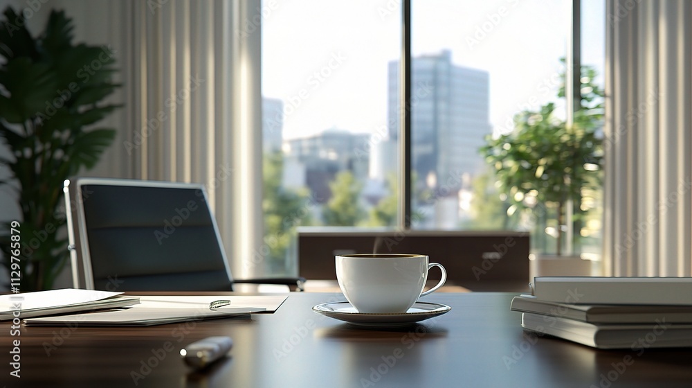Professional Clean Workspace with Desk and Coffee Cup in Focus Professional Clean Workspace with Desk and Coffee Cup in Focus