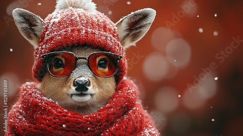 Cooles Rentier Rudolf mit Nikolausmütze und Sonnenbrille auf Rotem Hintergrund photo