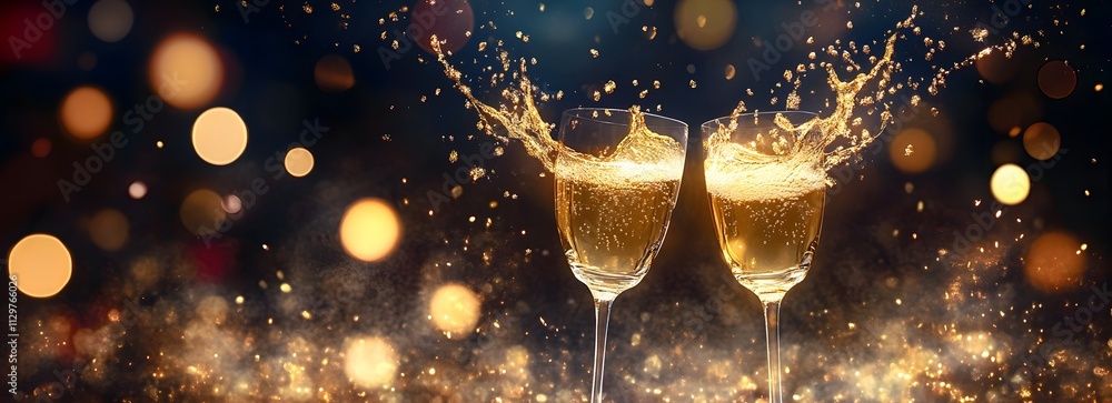 Happy New Year - Champagne Toast Celebration - Goblets With Golden Glittering On Blue Abstract Background With Defocused Bokeh Lights,
Happy New Year - Champagne Toast Celebration - Goblets With Golden Glittering On Blue Abstract Background With Defocused Bokeh Lights,