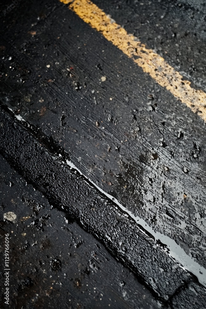 Fototapeta premium Wet road with yellow stripes after rain