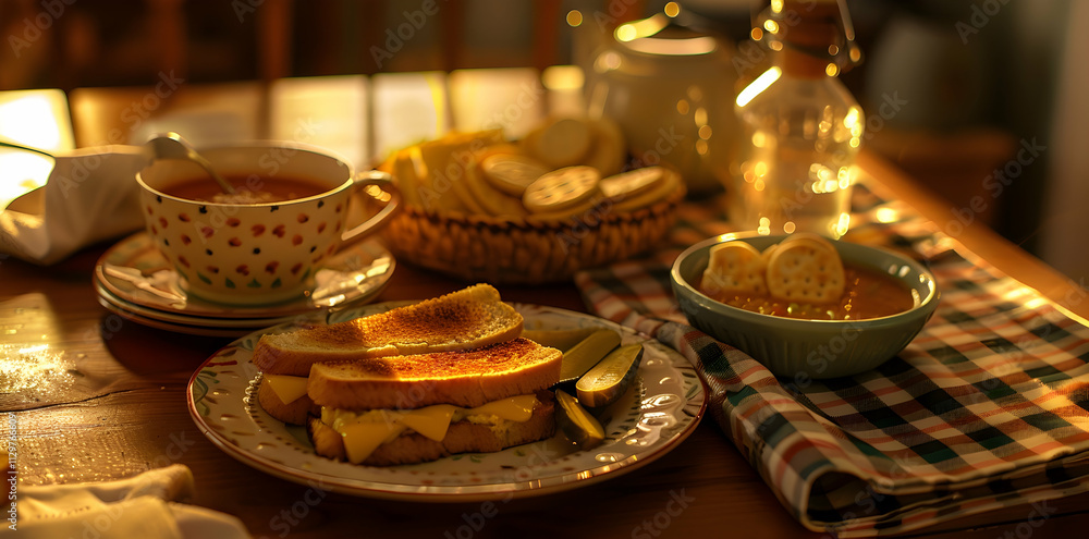Cozy evening meal grilled cheese sandwich, tomato soup, and crackers on wooden table. Cozy evening meal grilled cheese sandwich, tomato soup, and crackers on wooden table.