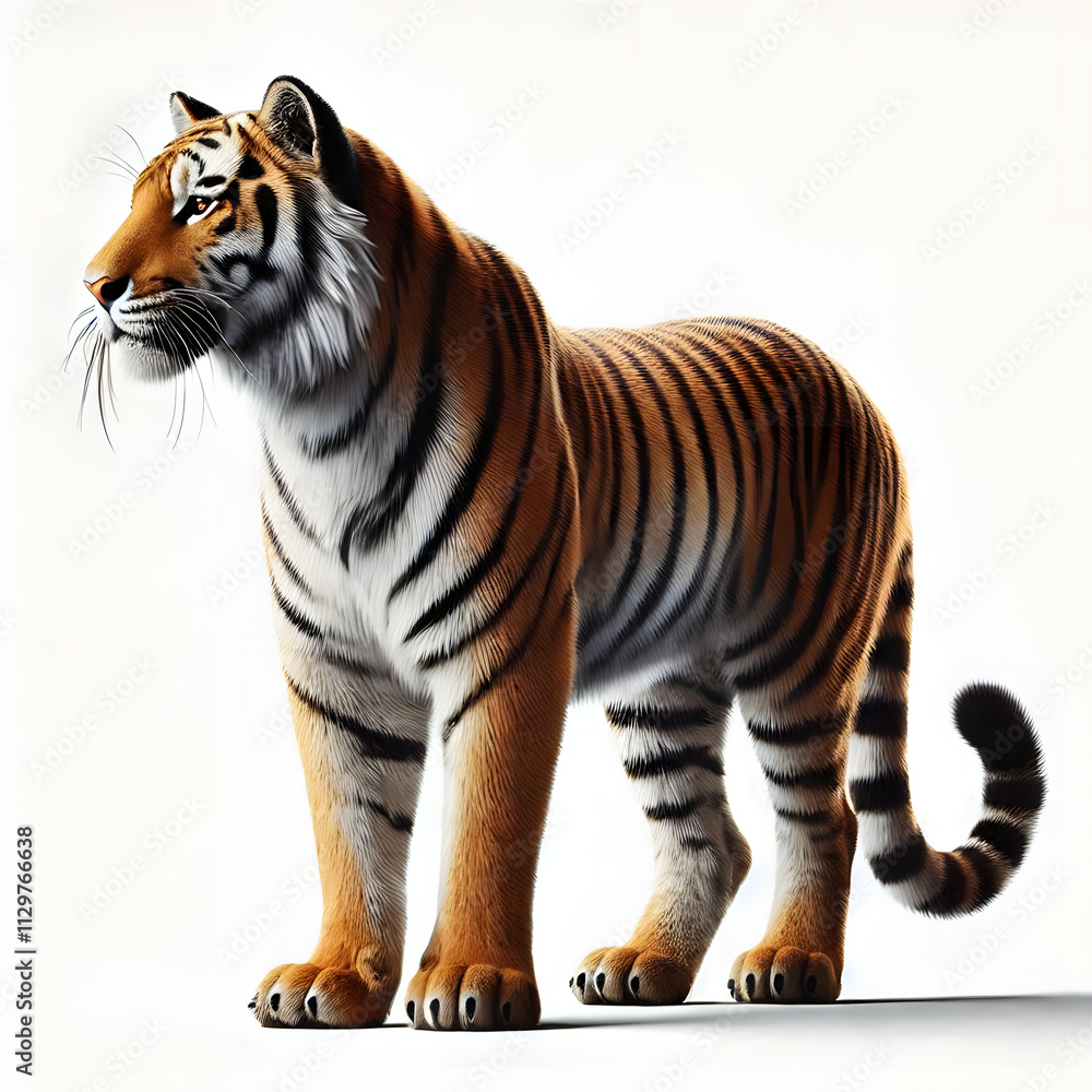 Obraz premium Tiger isolated on a white background, Side view, tiger standing full HD image generated by Ai. full body, realistic, full detail looking at the camera.
